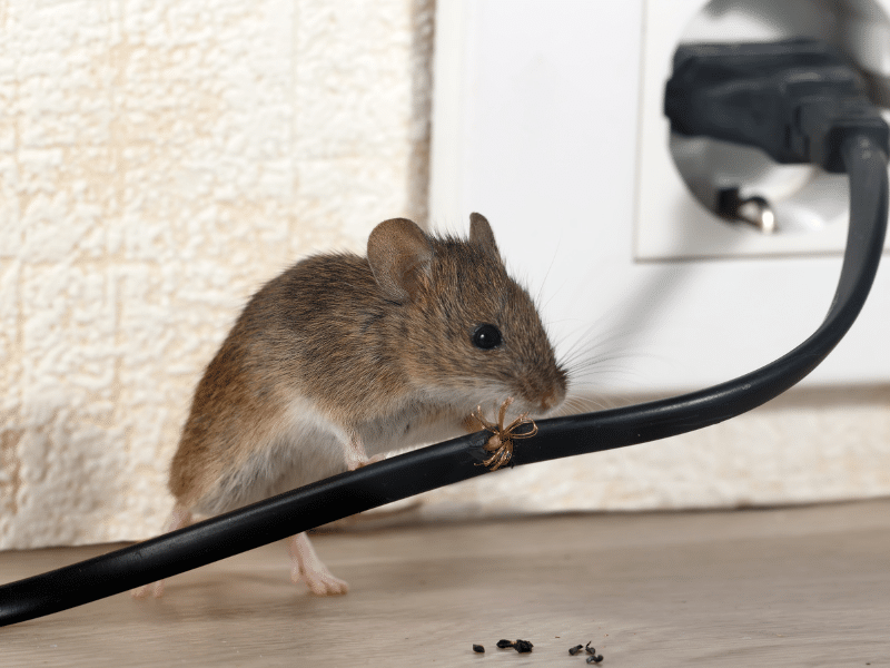Mouse gnawing on an electrical cord